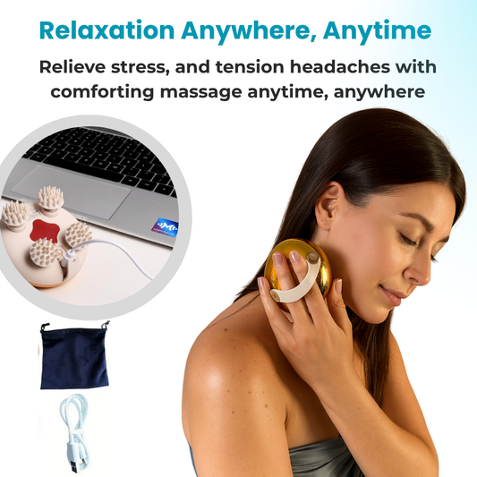 Woman using an electric head and scalp massager with red light therapy on her neck to relieve stress and tension at home.