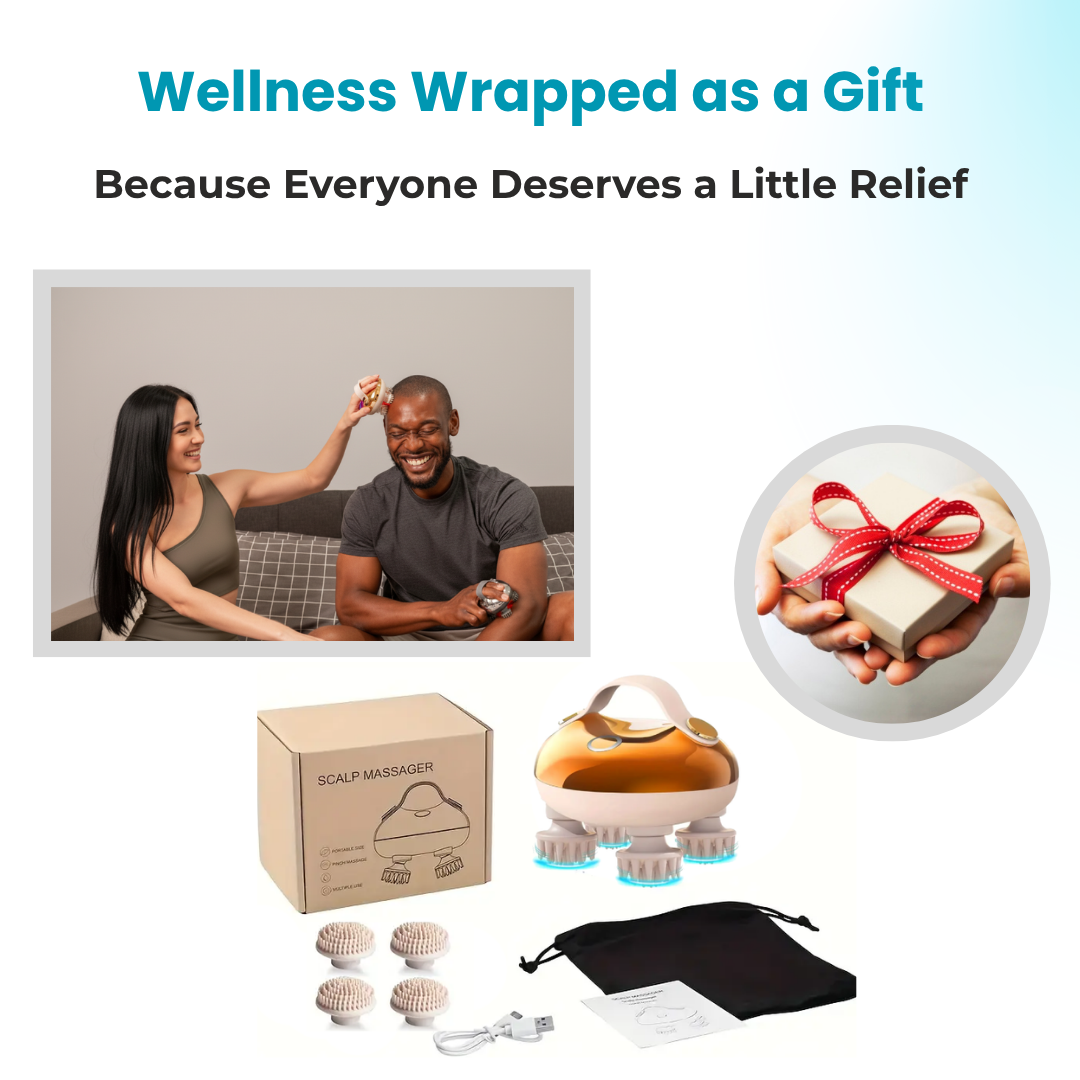 Couple enjoying a scalp massage with an electric head massager, featuring the complete gift set including box, attachments, USB charger, and pouch. The image highlights “Wellness Wrapped as a Gift” with hands holding a present tied with a red ribbon.