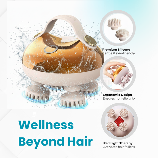 Electric head and scalp massager with red light therapy for relaxation and hair stimulation.