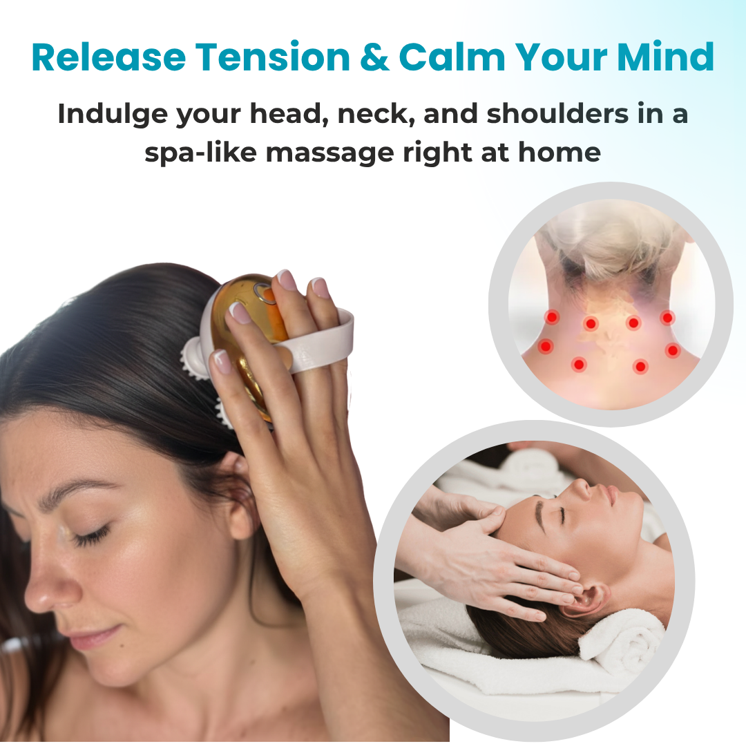 Multi-use electric massager with red light therapy for head, neck, and shoulder relaxation.