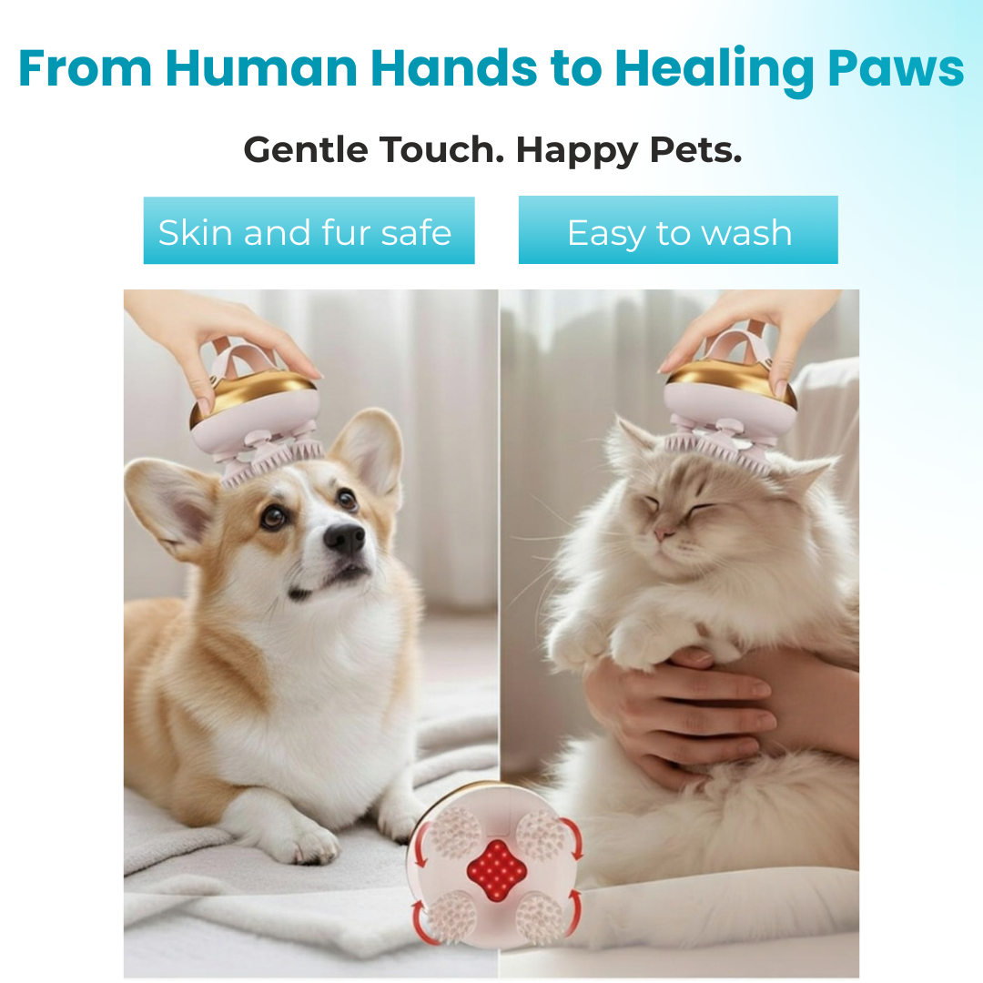 Dog and cat enjoying gentle massage with electric head and scalp massager safe for pets.